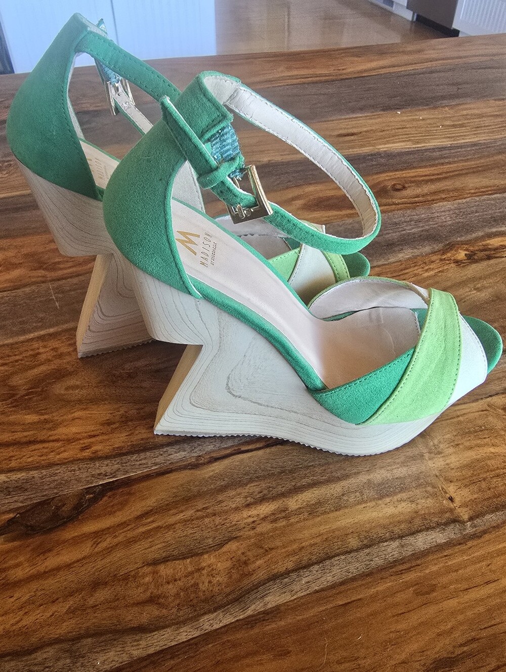 Green Two-Tone Suede Platform Wedge Sandals By Madison - Picture 2 of 7